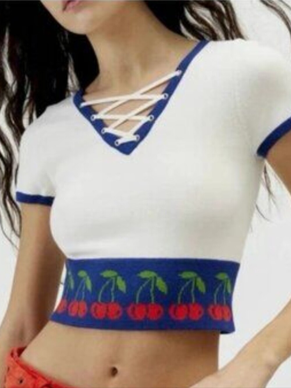 Urban Outfitters White Lace-Up V-Neck Crop Top with Navy & Cherry Border